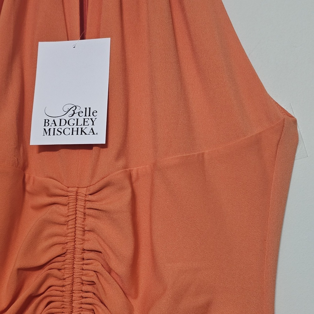 Badgley Mischka Dress Size 0 Fit X Orange Halter Ruched Sleeveless Long Maxi 350 - Picture 8 of 16